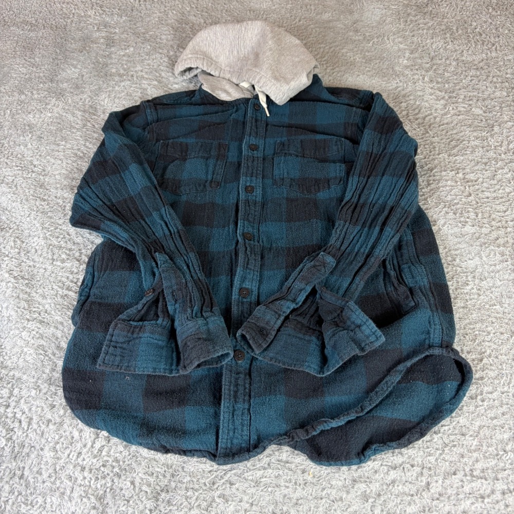 Modern Amusement Mens Teal Black Buffalo Plaid Hooded Flannel Shirt Size M